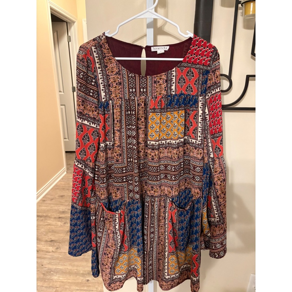 Loveriche Mixed Patchwork Print Long Sleeve Mini Dress Boho Babydoll Large